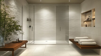 Fototapeta premium Modern white tiled shower with wooden bench.