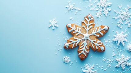 Blue New Year advertising background. Festive decor. Winter holidays traditional bakery food. Gingerbread cookie minimal composition isolated on light copy space.