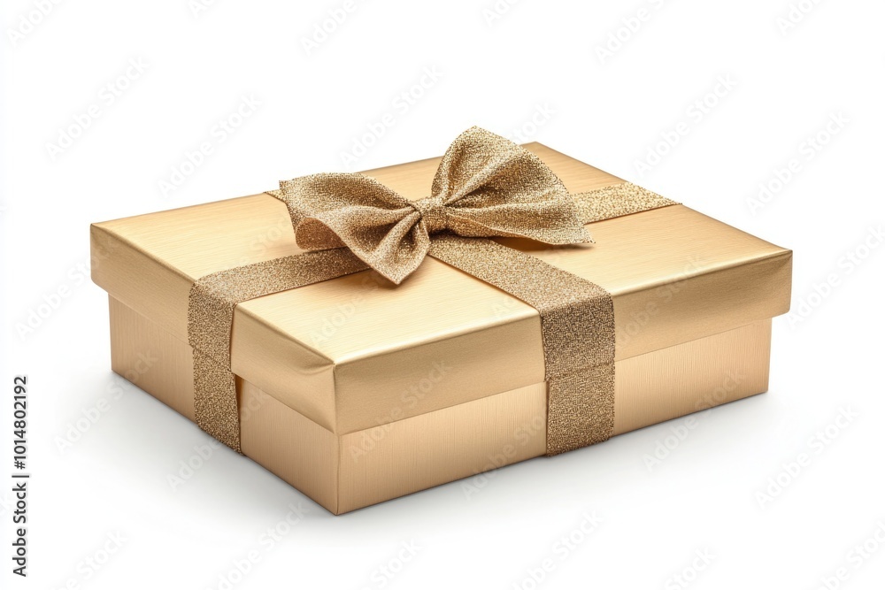 Poster a beautiful golden gift box adorned with a ribbon bow, perfect for wrapping presents or using as a d