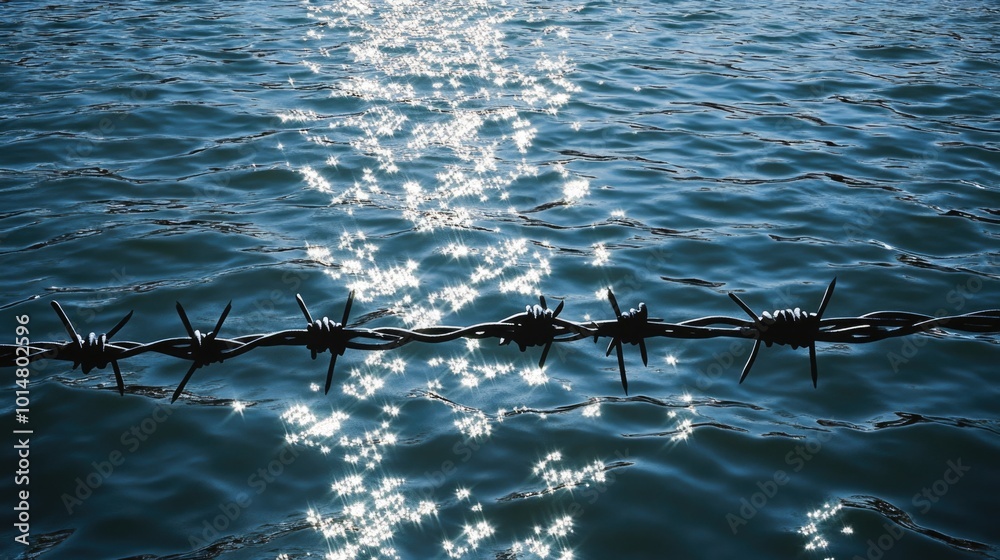 Poster a close-up view of a barbed wire fence spanning across a body of water, providing a sense of isolati