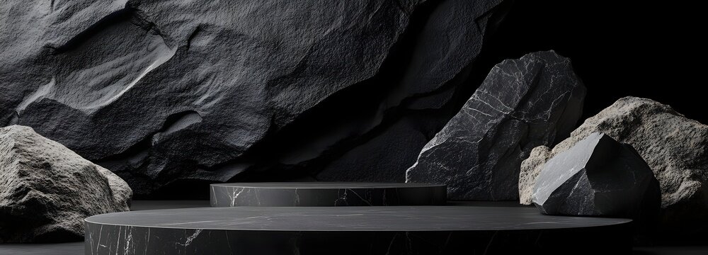 1. A striking black geometric stone backdrop featuring various rock shapes, creating a minimalist mockup for a podium display, ideal for showcasing products with a modern and sophisticated vibe