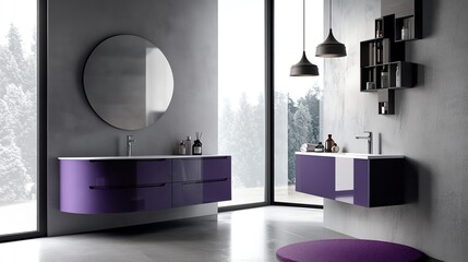 Modern bathroom with purple vanity and round mirror.