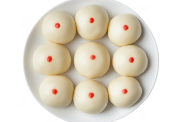 Top Flat View of Chinese Mantou with red dot on White Background, chinese new year food PNG Transparent Background