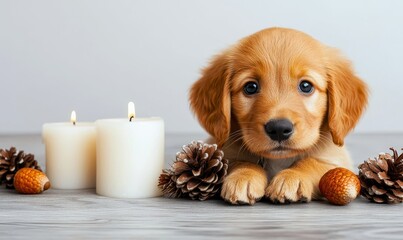 A Puppy in a Thanksgiving with autumn flowers