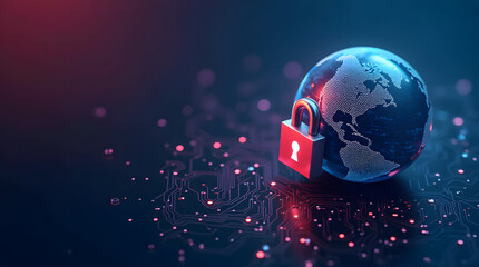 A glowing globe with a padlock icon in the center, symbolizing global cybersecurity.
