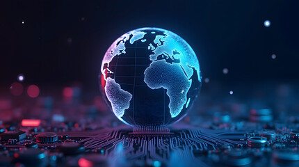 A glowing globe with a padlock icon in the center, symbolizing global cybersecurity.
