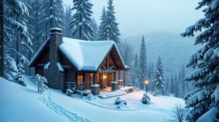 Naklejka premium Cozy Wooden Cabin in Snow-Covered Winter Forest with Warm Lights Illuminating the Snowy Landscape, Surrounded by Pine Trees and Tranquil Atmosphere at Twilight