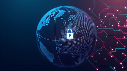 A glowing globe with a padlock icon in the center, symbolizing global cybersecurity.
