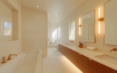 Modern bathroom with freestanding tub and double vanity.