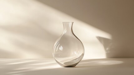 An empty glass vase with a long neck and round body, sitting on a white surface.