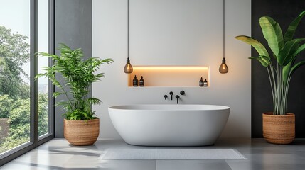 Fototapeta premium Modern bathroom with freestanding tub and plants.