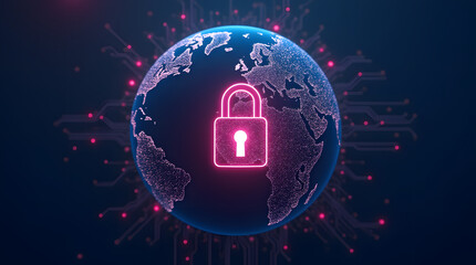 A glowing globe with a padlock icon in the center, symbolizing global cybersecurity.
