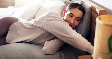 Rest, calm and woman on bed in home preparing for afternoon nap on weekend with peace. Happy, relax...