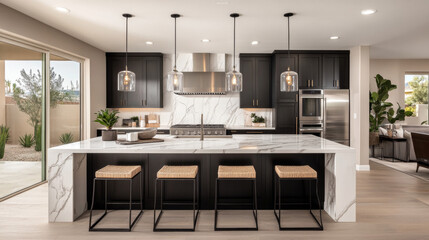 Modern Elegance: A Chic Kitchen Design Featuring Sleek Black Cabinets, Marble Countertops, and Inviting Natural Light for a Contemporary Home Feel