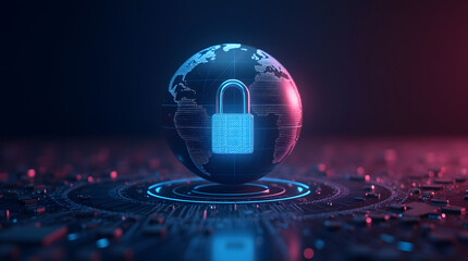 A glowing globe with a padlock icon in the center, symbolizing global cybersecurity.
