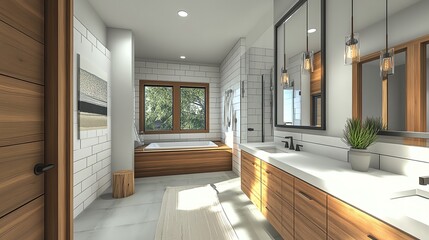 Fototapeta premium Modern bathroom with wooden accents and large window.