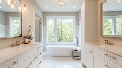 Modern bathroom with white tub and double vanity.