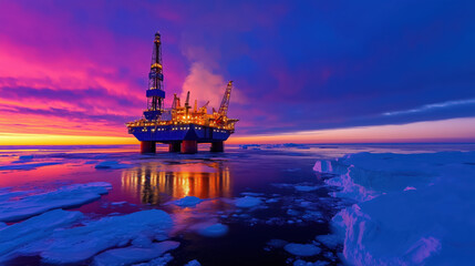 Obraz premium Oil Rig in the Arctic Ocean at Dusk Capturing Vibrant Sky with Pink and Purple Hues