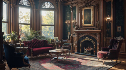 Elegant Victorian Living Room: A Luxurious Blend of Classic Design and Modern Comfort in a Sunlit Space