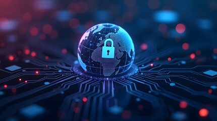 A glowing globe with a padlock icon in the center, symbolizing global cybersecurity.
