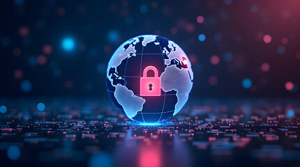A glowing globe with a padlock icon in the center, symbolizing global cybersecurity.
