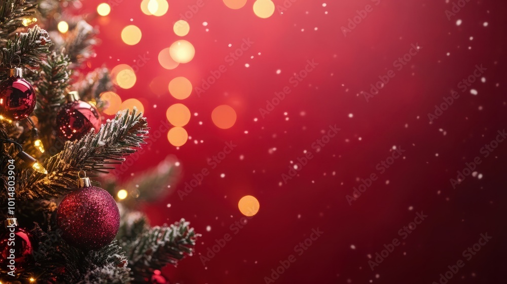 Wall mural christmas background with xmas tree and sparkle bokeh lights on red canvas background. merry christm