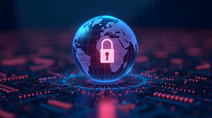 A glowing globe with a padlock icon in the center, symbolizing global cybersecurity.
