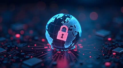 A glowing globe with a padlock icon in the center, symbolizing global cybersecurity.

