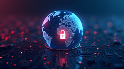 A glowing globe with a padlock icon in the center, symbolizing global cybersecurity.
