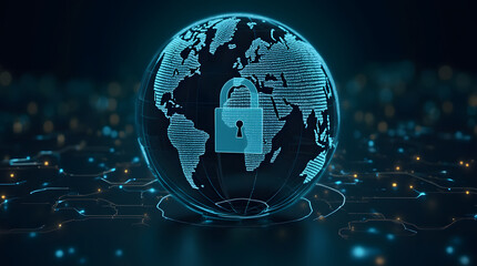 A glowing globe with a padlock icon in the center, symbolizing global cybersecurity.

