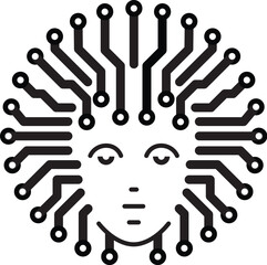 Ai Concept. Artificial intelligence icon, sign or emblem. Head with an electronic circuit in black and white a graphic line art style. Robot head as a processor for a board. Vector illustration