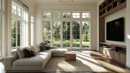 Fototapeta premium Embracing Natural Light: A Modern Living Room Design with Large Windows and Minimalist Aesthetic for Comfort and Style