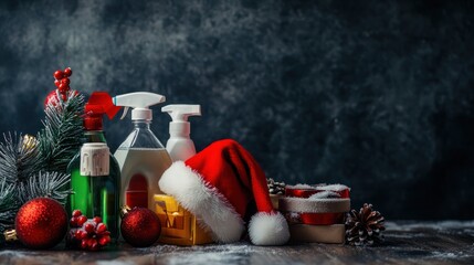 Christmas cleaning concept. Various bottles, equipment, and accessories, gloves for cleaning with christmas decor and santa hat copy space. Cleaning service advertising mockup background