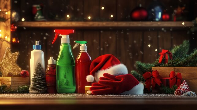 Christmas cleaning concept. Various bottles, equipment, and accessories, gloves for cleaning with christmas decor and santa hat. Cleaning service advertising mockup background