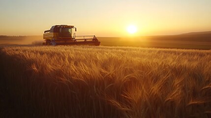 Obraz premium Golden Harvest at Sunset: A Combine Harvester in a Field of Wheat