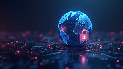 A glowing globe with a padlock icon in the center, symbolizing global cybersecurity.
