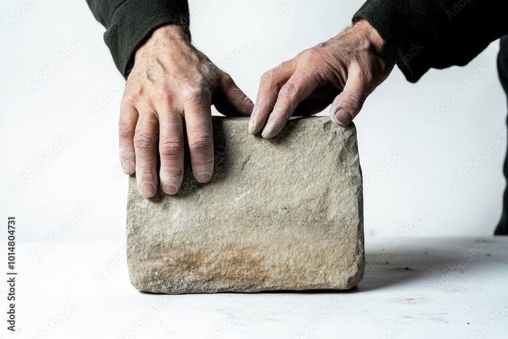 Poster a person grasping a large stone block in their hands, a possible archaeological find or artifact