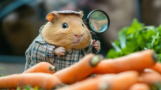 A chubby guinea pig dressed like a detective, inspecting a magnifying glass while looking suspiciously at a pile of carrots