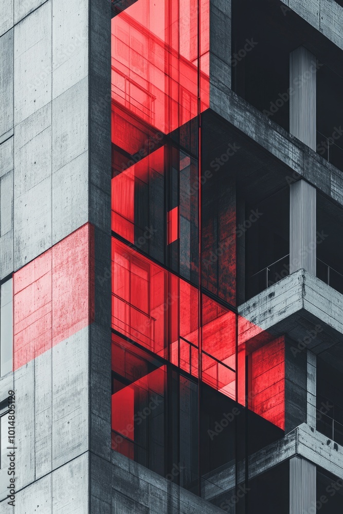 Poster A building with a red light on the side, suitable for use in cityscape or architecture images