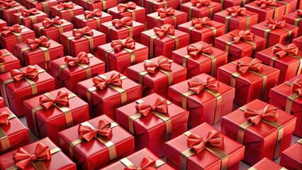 Obraz premium Vibrant arrangement of red wrapping gift boxes in rows, festive, presents, celebration, holidays, decorations, Christmas