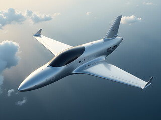 Naklejka premium Futuristic Sleek Silver Aircraft Soaring Above Serene Ocean with Fluffy Clouds - Aerodynamic Design, Advanced Engineering, Tinted Windshield, Minimalist Aesthetic, Innovative Wing Angles