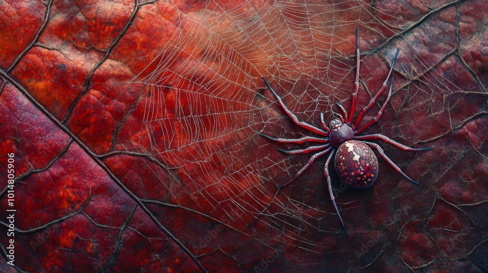 Poster spider on leaf with web background