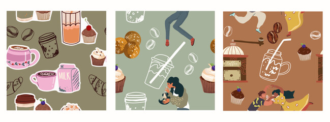 Set of seamless patterns, backgrounds with coffee symbols, accessories, people characters, for restaurant, packaging, menu and interior design, wrapping, menu. Hand drawn vector illustration.