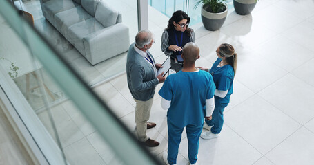 Medical professionals, people and meeting at hospital for report, results and progress on...