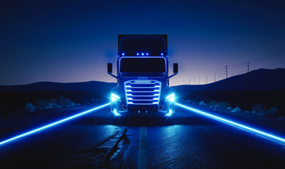futuristic digital truck in glowing neon lines, speeding along highway, advanced technology and innovation in transportation and logistics industry