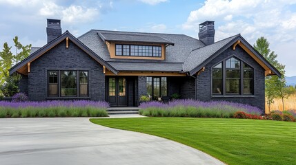 Exterior design of a home with lavender accents, traditional architecture, featuring dark slate and elm details, panoramic windows, chalk roof trim, a cement driveway, and a grass-covered front