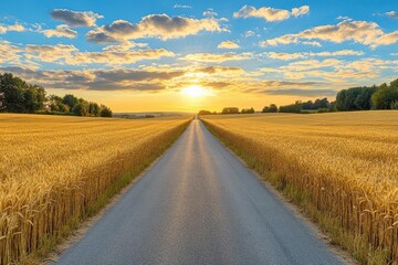 Fototapeta premium A wideangle shot of a rural road surrounded by golden wheat fields, with the sun rising over the horizon, captured to emphasize the calm and expansive beauty of the countryside