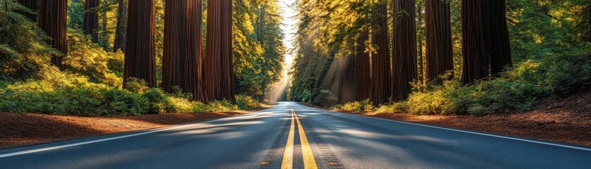 Fototapeta premium A serene view of a winding road surrounded by towering trees, inviting adventure and tranquility in nature's embrace.