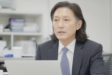 A Japanese businessman is thinking about something while looking at something in front of him.