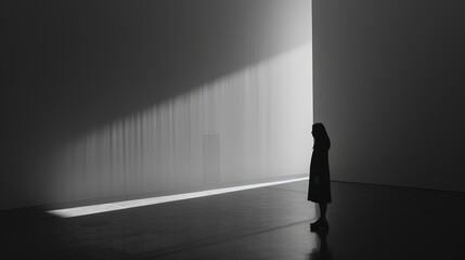 Woman standing alone in a quiet room, holding a small sign with a coat hanger symbol, representing abortion rights, with ample copy space for text or design.